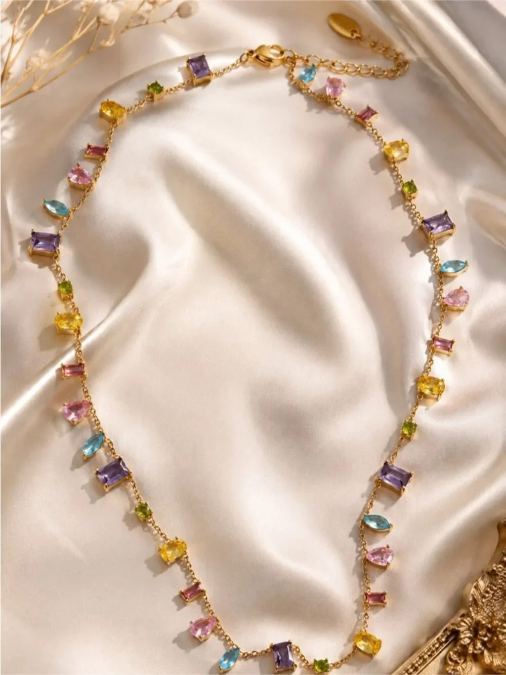 Gold plated Multigemstone Station Necklace — Purple, Pink, Blue & Yellow